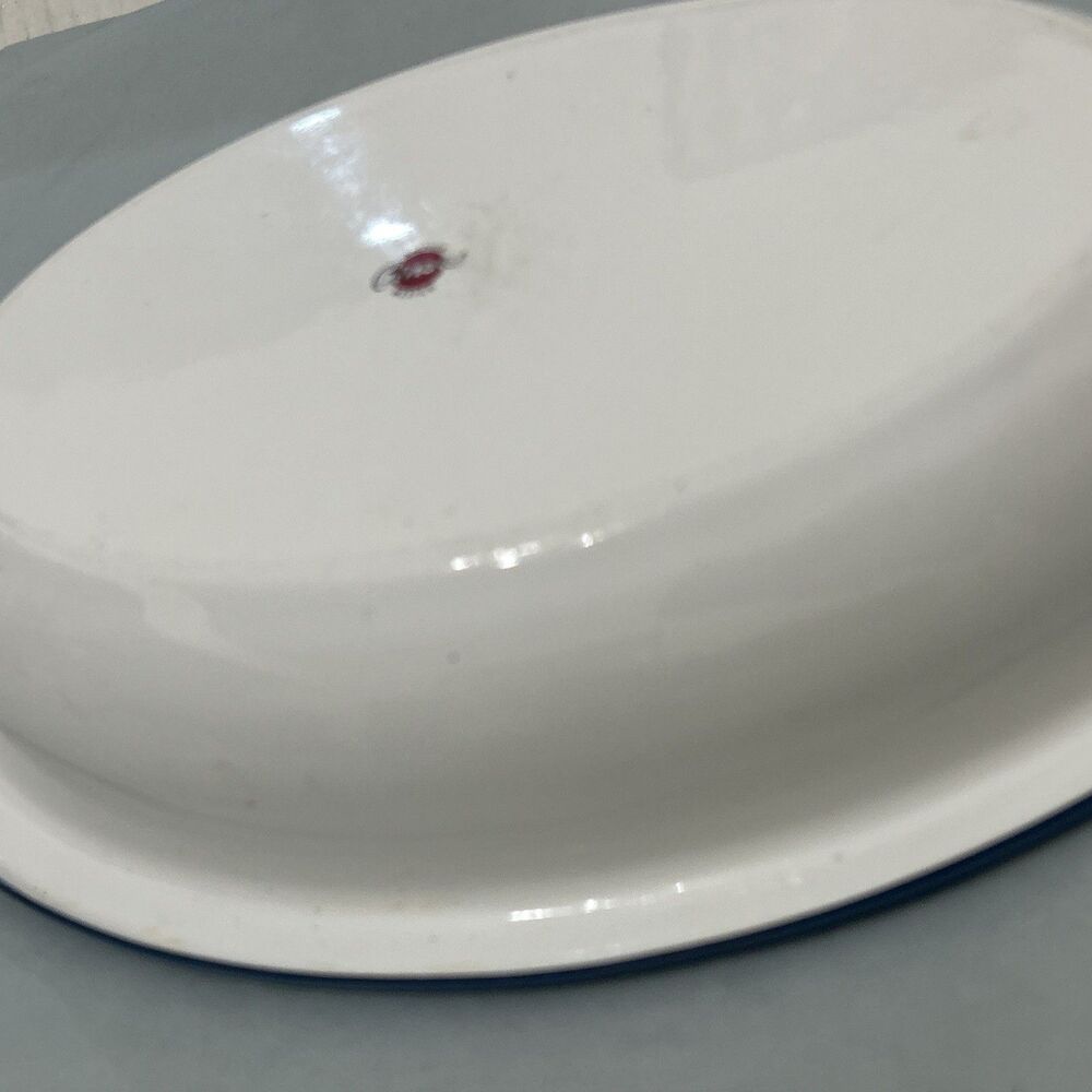 Vtg Enamelware Floral Print Rose Cinsa Brand Saltillo Mexico Oval Blue Trim - Picture 13 of 14